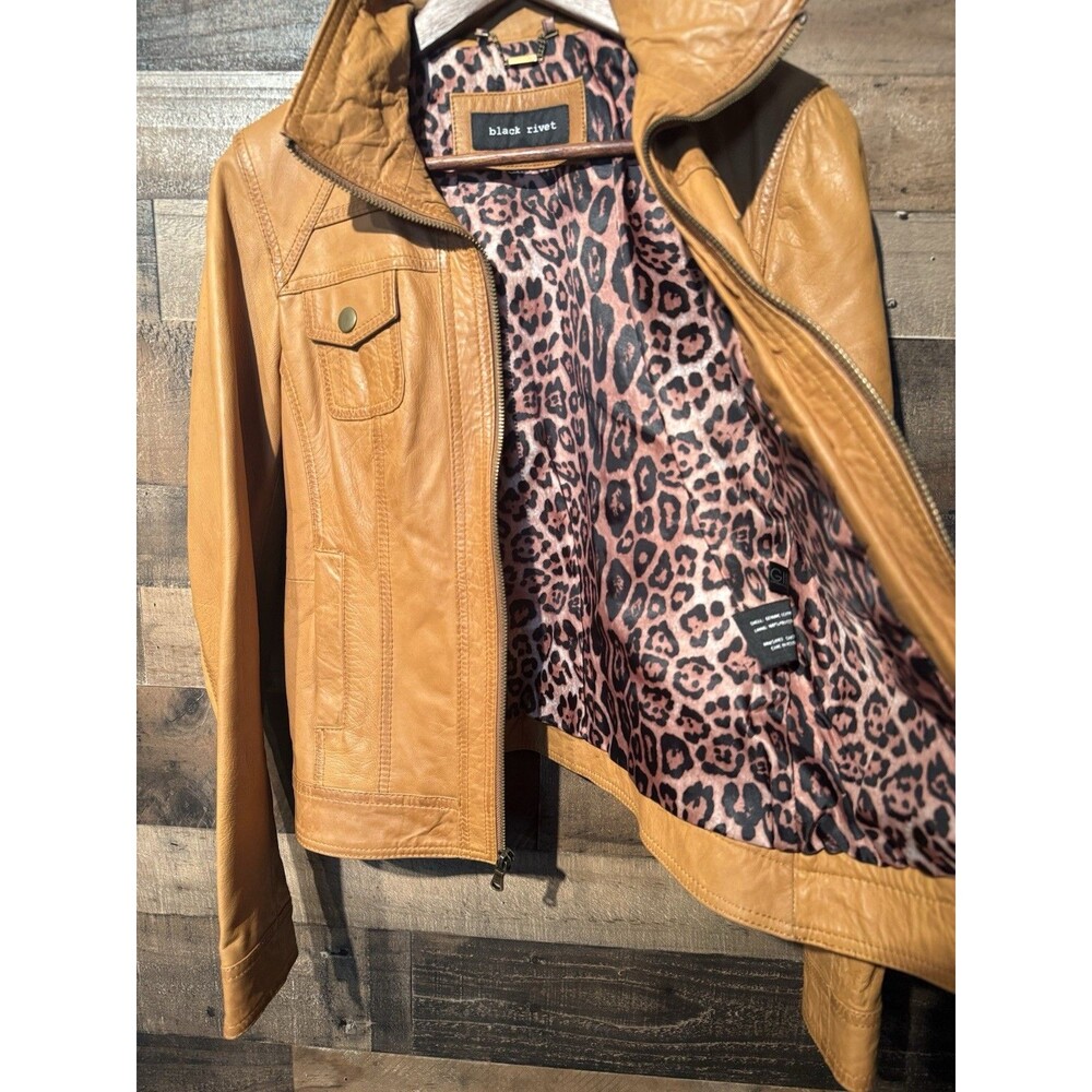 RARE-Black Rivet Wilson Leather Moto Jacket Y2K M Cognac Brown Genuine Biker - Picture 10 of 16